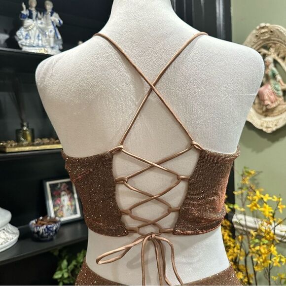 Lulus Shimmer and Shake Iridescent Gold Two Piece Dress Size Small - Picture 13 of 16